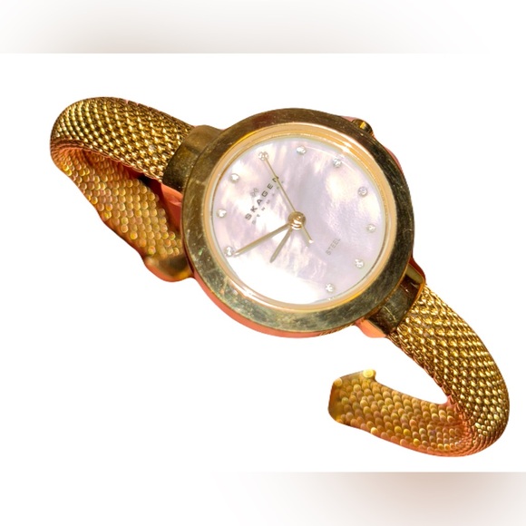 Skagen Denmark Women 107SSCS Slim MOP Stain1ess Steel Bangle Quartz Watch 7 1/4" - Picture 1 of 6